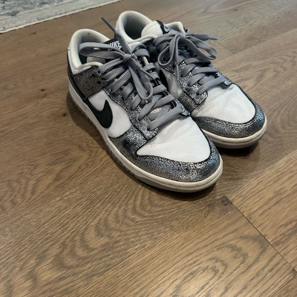 Nike Golden Gal Dunks 
Silver and White Sneakers